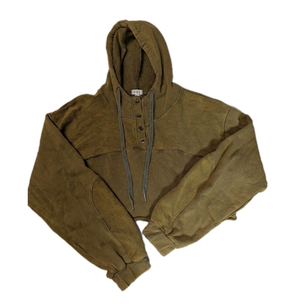 POL Boho Cropped Henley Hoodie Acid Wash Olive Green Raw Hem Large Utility